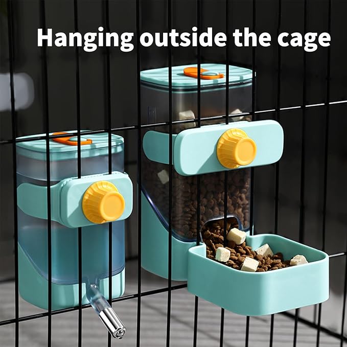 PODOO Rabbit Food Water Dispenser, 24oz No Drip Bunny Water Feeder, 34oz Large Hanging Automatic Pet Food Dispenser, Hanging Outside or Inside The Cage for Small Animals (Food+Water) | 24oz water dispenser and 34oz food feeder with clear detachable con...