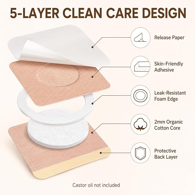 50Pcs Castor Oil Patches, Organic Cotton Castor Oil Pack Wrap Disposable Self-Adhesive Belly Button Patch Cover for Castor Oil, Mess-Free Anti Leakage No Wash Castor Oil Packs for Stomach