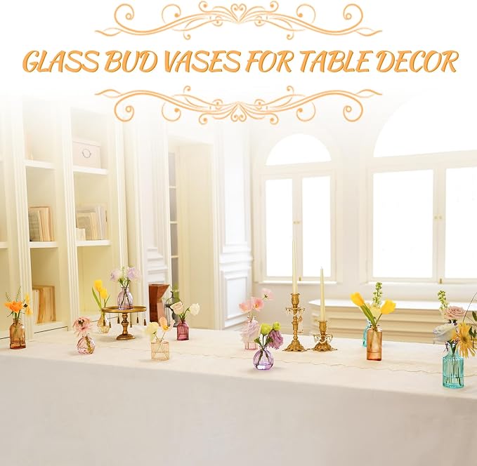 12PCS Mixed Colored Bud Vases Colorful Vintage Flower Vase for Centerpieces | Small Glass Vases for Flowers Aesthetic Glass Bottles Bulk Wedding Party Home Decorations Gifts