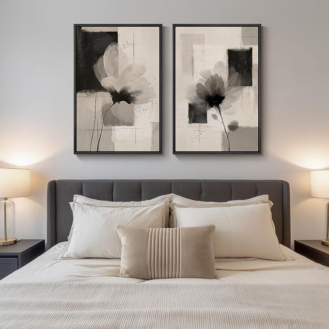 Large Framed Neutral Abstract Floral Wall Art for Living Room, 24x36 In | 2 Piece, Canvas prints, Black and beige pictures, Flower paintings, Modern minimalist artwork, Dining room bedroom wall decor