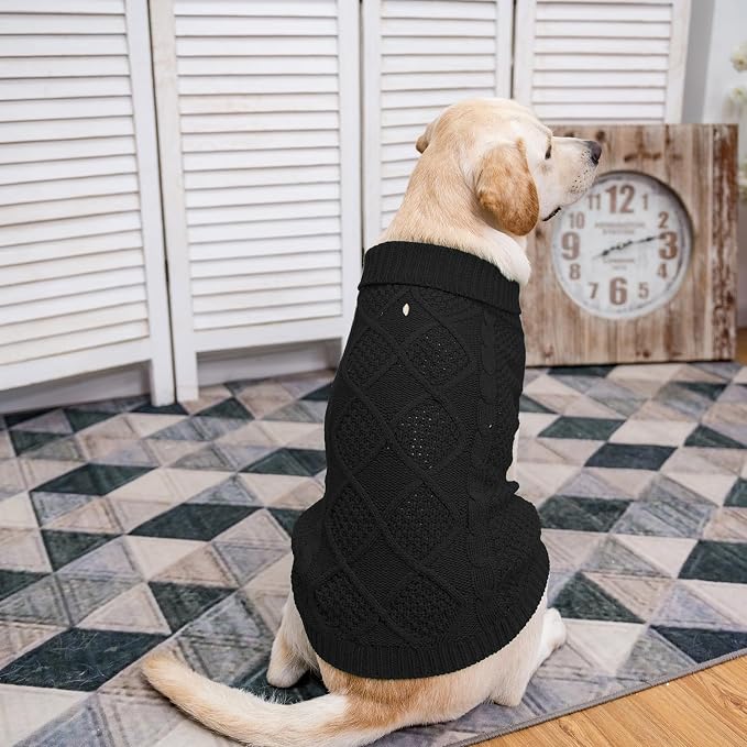 Mihachi Turtleneck Dog Sweater - Winter Coat Apparel Classic Cable Knit Clothes with Leash Hole for Cold Weather, Ideal Gift for Pet in New Year Black Medium/Large
