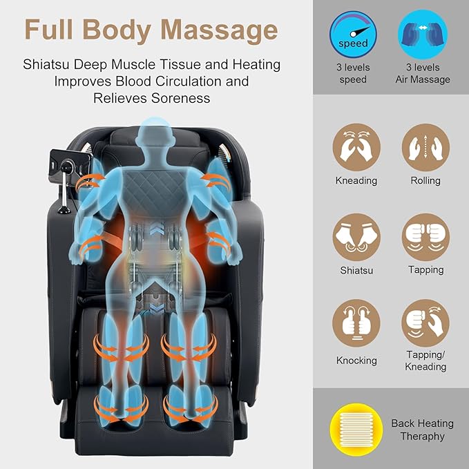 4D Massage Chair Full Body|Zero Gravity Shiatsu Massage Chairs Recliner with Heated Bluetooth Speaker Airbag Yoga Stretch, Foot Roller (Black)