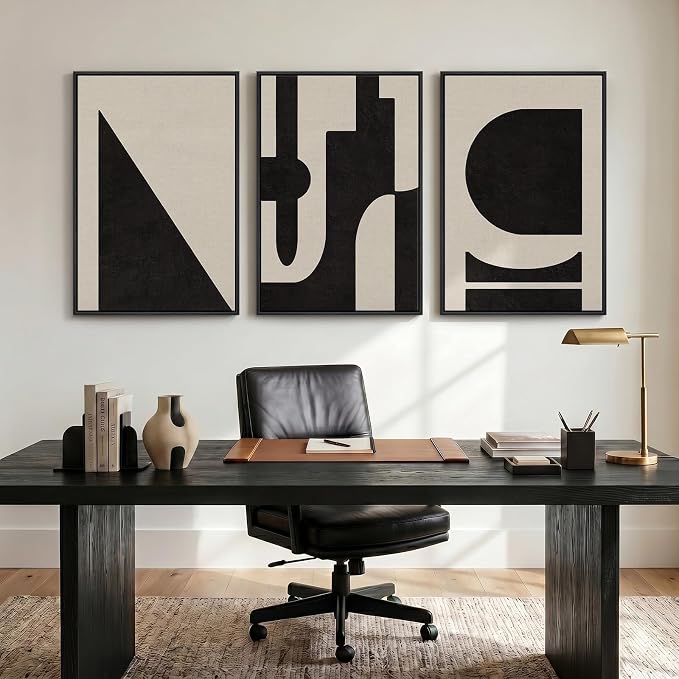 Large Framed Neutral Abstract Geometric Wall Art Set, 3 Piece Modern Minimalist Artwork for Walls, Black and Beige Canvas Prints Pictures Wall Decor for Living Room Bedroom Dining Room Office 24x36 In