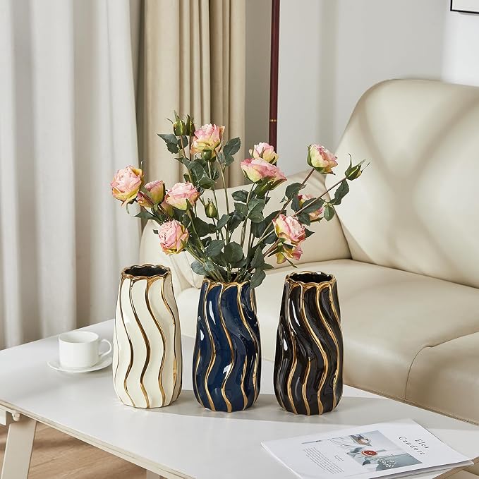 Ceramic Vase for Home Decor,Decorative Flower Vase, Vertical Stripe Ceramic Vases for Home Décor, Bedroom, Office, Living Room, Bathroom, Tabletop Decor, Centerpiece Table Decorations (Cream)