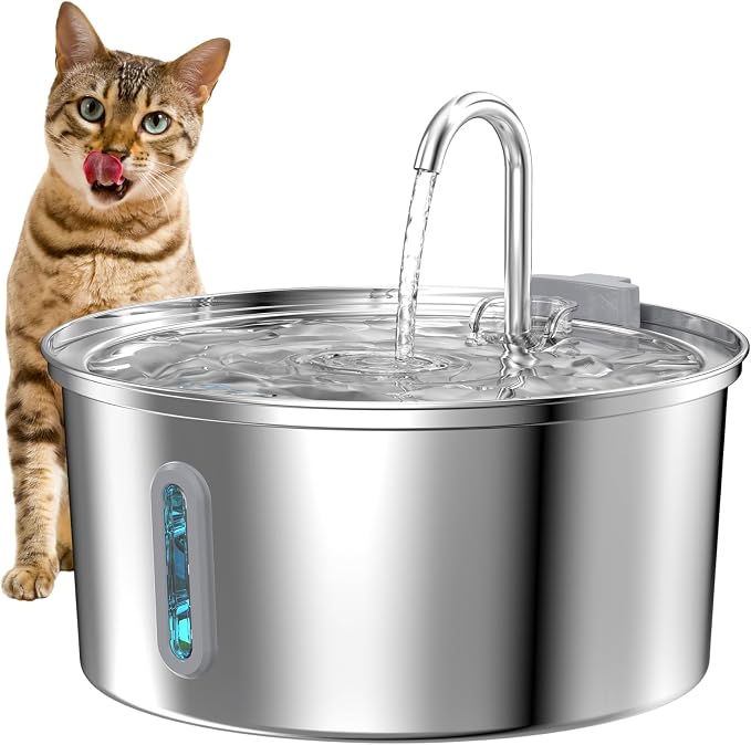 Cat Water Fountain Stainless Steel: 108oz/3.2L Cat Fountain for Drinking | Automatic Pet Supplies for Home Cat Inside, Metal Small Dog Water Dispenser Kitty Spout, Water Level Window, Ultra Quiet Pump