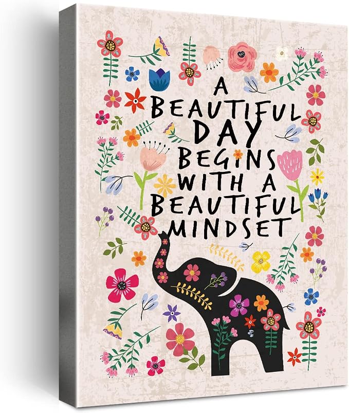 Wailozco A Beautiful Day Begins with A Beautiful Mindset Wall Art for Girls Room Decor,Boho Flower Elephant Canvas Print for Teen Girls Bedroom Dorm Wall Decoration