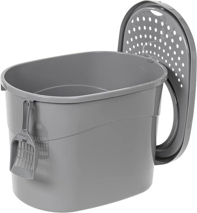 Amazon Basics Large Cat Litter Box with High Sides, Top Entry, Odor Control, Includes Scoop, 20.5 x 14.75 x 14.38 inches, Grey