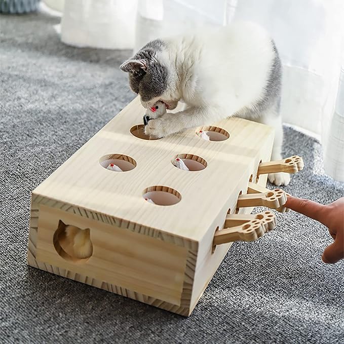 Interactive Wooden Whack-A-Mole Cat Toy, Engaging and Durable Play for Cats and Kittens, Keeps Pets Entertained and Stimulated, Natural Wood Design, Perfect for Indoor Exercise and Fun - Pet Gift Idea