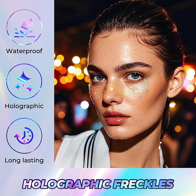 Holographic Glitter Freckles, Glitter Freckles Face Tattoo,Sparkle Makeup Patches,Face Glitter for Hallowmas Christmas,10pcs