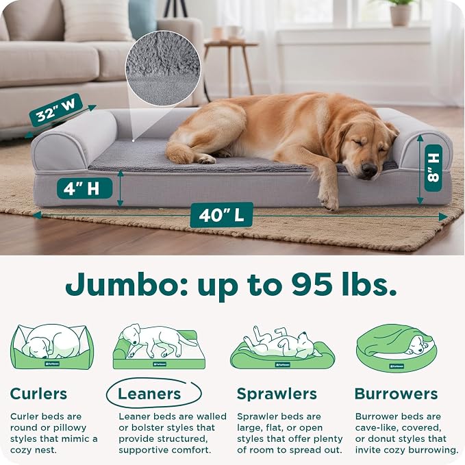 FurHaven Orthopedic Dog Bed for Large Dogs, Sofa-Style with Cool Gel-Top Foam with a Solid Orthopedic Foam Base for Joint Support, Removable Washable Cover, Jumbo XL, Plush & Suede, Gray