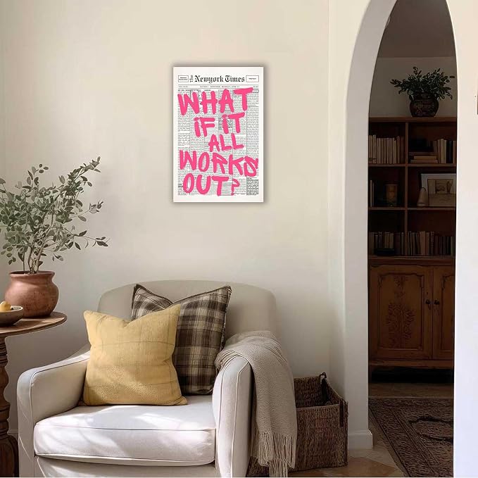 Drimiler Retro Newspaper Pink Font Poster What If It All Works Out Canvas Wall Art Positive Affirming Quote Minimalist Prints Painting For Home Bedroom Dorm Wall Decor 16x24in Wframed