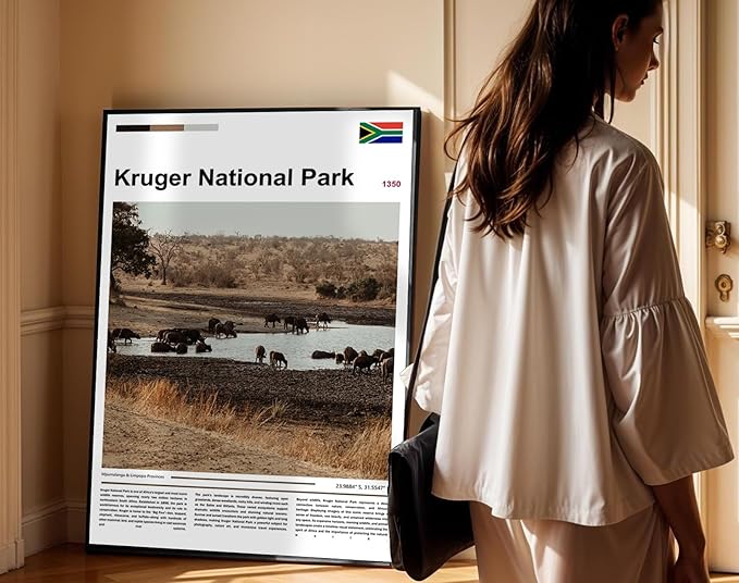 Poster Kruger National Park Wall Art Original Design(30"x20" Metal Frame) South Africa Safari Wildlife Print African Buffalo Savanna Landscape Nature Scenery Travel Landmark Series Picture