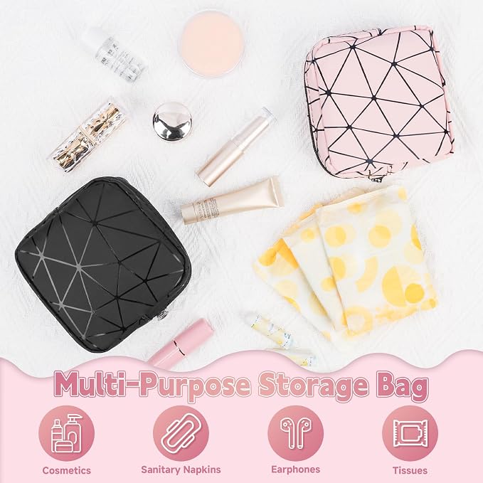 Discreet Period Bag Waterproof Geometric PU Sanitary Napkin Storage Bag Portable Menstrual Pad Pouch Cute Tampon Bag for Purse Small Makeup Bag S-Black