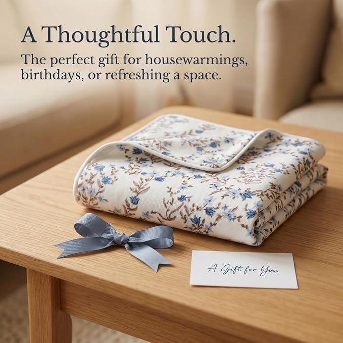 “The Lily” Floral Block Print Pillow Cover – Soft Blue and White Decorative Throw Pillow Cover – Grandmillennial Home Decor, 20" x 20"