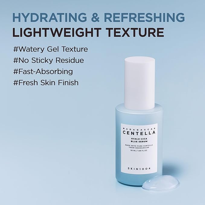 SKIN1004 Hyalu-Cica Blue Serum 1.69fl.oz, 50ml, Hydrating Face Serum with 5 Hyaluronic Acids & Madagascar Centella Asiatica, Korean Facial Ampoule for Deep & Long-lasging Moisture, Korean Skin Care