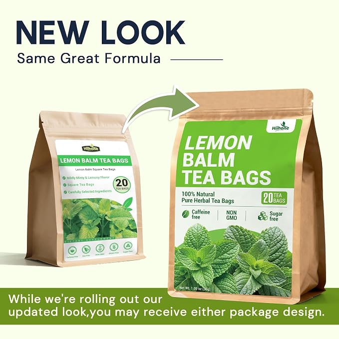Lemon Balm Tea Bags, Pure & Natural Melissa Officinalis Herbal Tea, Premium Dried Lemon Balm Leaf with Naturally Lemony & Citrusy Flavor, Caffeine-Free, Non-GMO, 20 Count