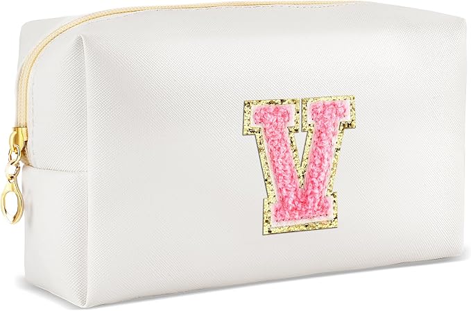 URSKYTOUS Initial Makeup Bag Personalized Preppy Travel Small Cosmetic Bag Cute PU White Chenille Letter Makeup Pouch for Purse Waterproof Zippered Toiletry Organizer for Women Girls Kids Friends (V)