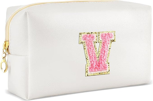 URSKYTOUS Initial Makeup Bag Personalized Preppy Travel Small Cosmetic Bag Cute PU White Chenille Letter Makeup Pouch for Purse Waterproof Zippered Toiletry Organizer for Women Girls Kids Friends (V)