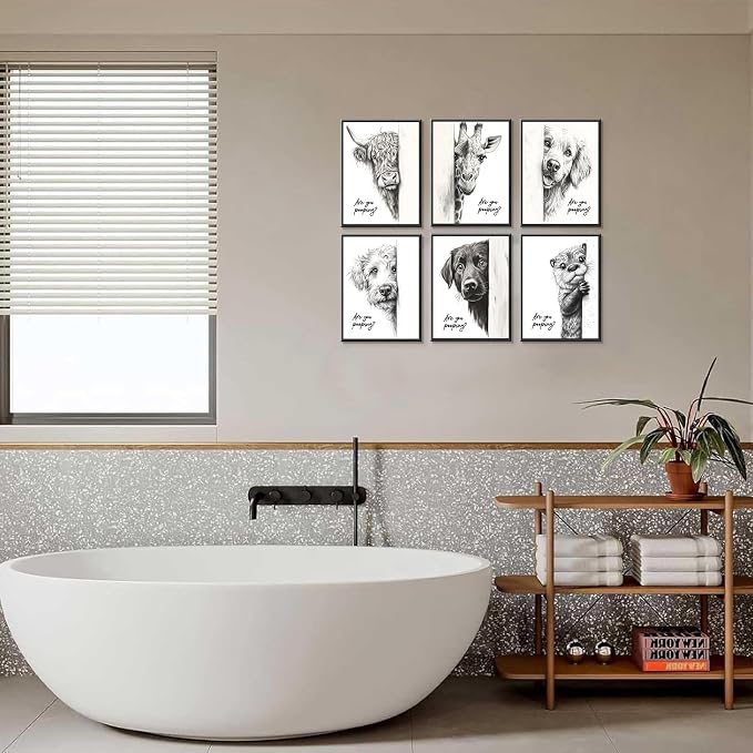 Funny Bathroom Wall Art Set of 6 Black and White Bathroom Posters Unframed | Premium Canvas Prints, Cute Animal Wall Decor, Retro Funny Toilet Art Prints for Wall Decoration, 8x10Inch
