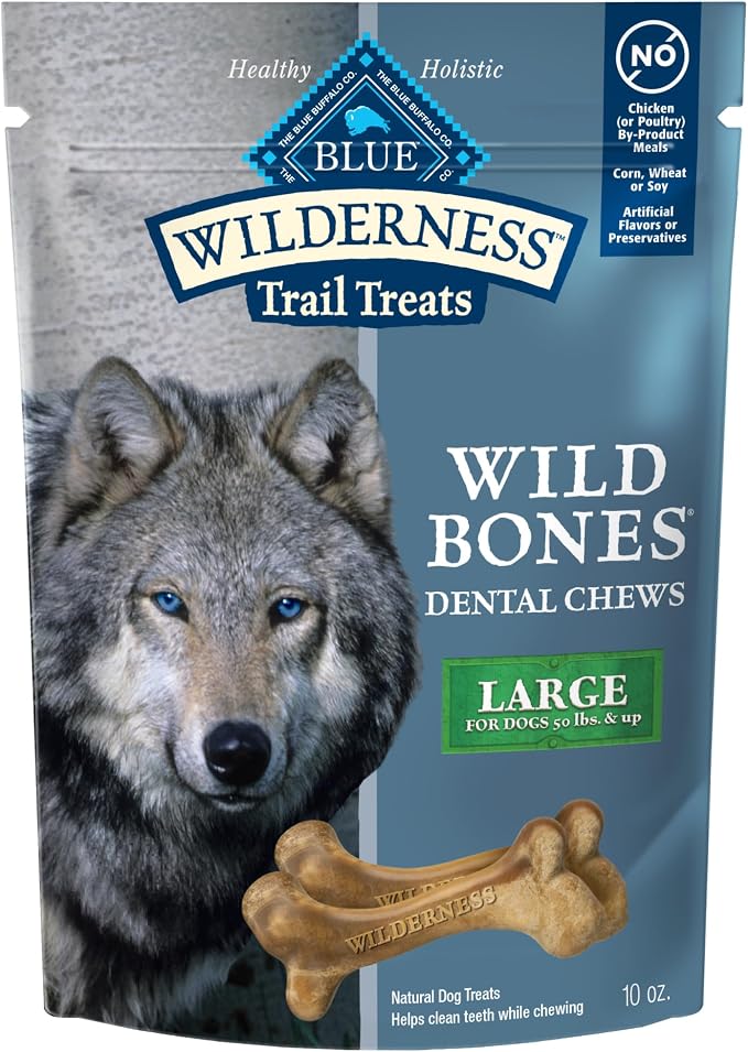 Blue Buffalo Wilderness Large Dog Dental Chews, Grain-Free, 10 oz | Reduces Tartar & Plaque, Freshens Breath, Sized for Dogs 50 lbs. and Up, No Artificial Preservatives