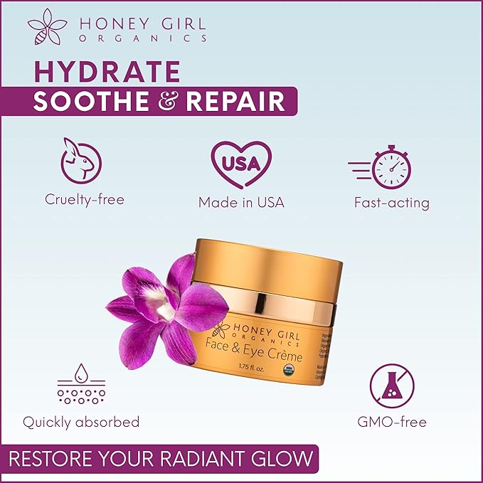 Honey Girl Organics Face & Eye Crème, USDA Certified Organic Facial Moisturizer & Under Eye Cream for Wrinkles, Dark Circles and Puffiness w/Hydrating Honey, Beeswax, Essential Oils & EVOO. 1.75oz