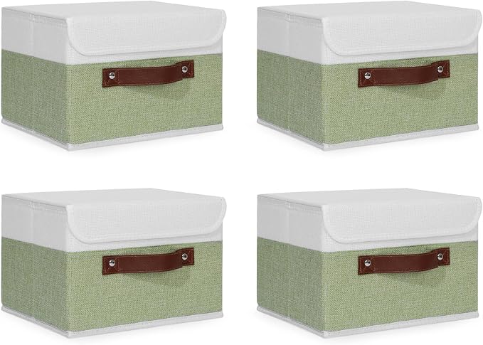 ANMINY Fabric Storage Box Bins with Lids, Green White, 10"x8"x7", 4 Pack | Keepsake Memory Storage, Cotton Linen, PP Board Reinforced, Washable, PU Handles, Foldable & Stackable, Decorative, Small
