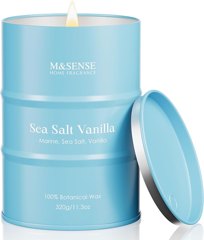 M&SENSE Sea Salt Vanilla Beach Scented Candles, Coastal Soy Candle, Summer Candle for Stress Relief Meditation Relaxing, Housewarming Gifts for Women Men, 11.3oz 70 Hour Long Burning