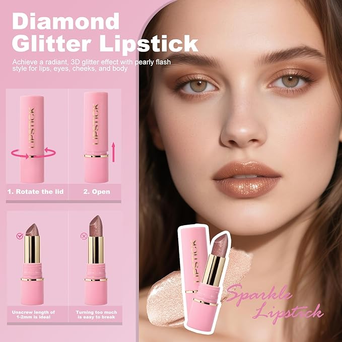 Sparkle Clear Brown Glitter Lipstick, Waterproof Metallic Lipstick Long Lasting High Shine Diamond Creamy Nude Shimmer Full-Coverage Hydrating Tinted Lip Color Makeup for Women