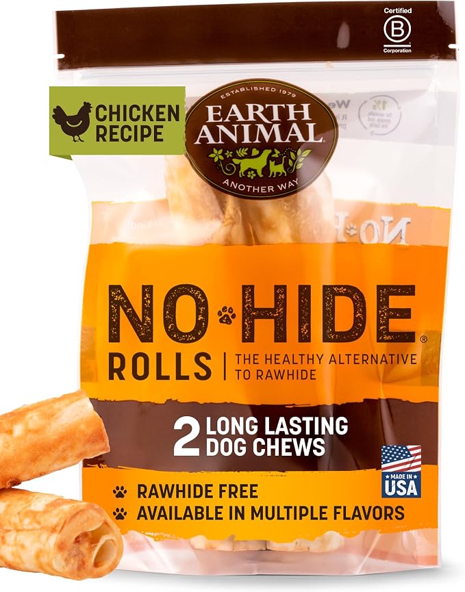 Earth Animal No Hide Dog Chews - Rawhide Free Medium Rolls 2 Count Chicken | Medium Chicken Flavored Natural Rawhide Free Long Lasting Dog Chews - Treats for Medium Dogs and Aggressive Chewers