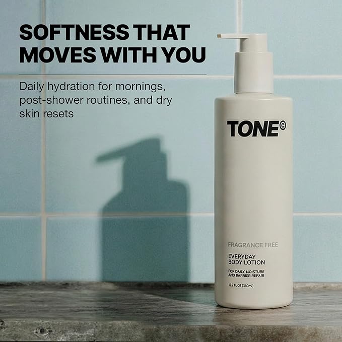 TONE Everyday Body Lotion for Men & Women, Fragrance Free, Fast Absorbing & Hydrating Body Lotion for All Skin Types Made with Shea Butter and Vitamin E for Soft Skin, Paraben-Free, 12.2 oz