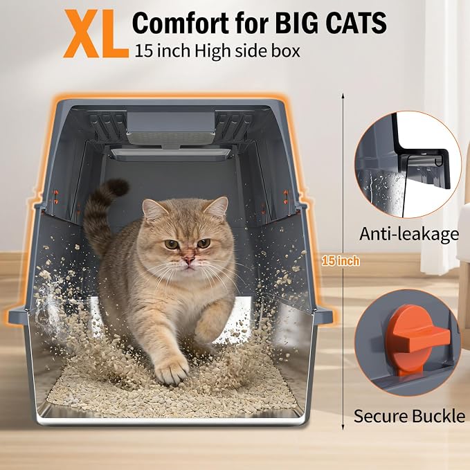 Stainless Steel Litter Box with Lid, Front Entry Top Exit Enclosed Metal Litter Box, Extra Large Flip-Top Kitty Litter Pan with Scoop & Pedal, Odor Control, Odor Free, Grey