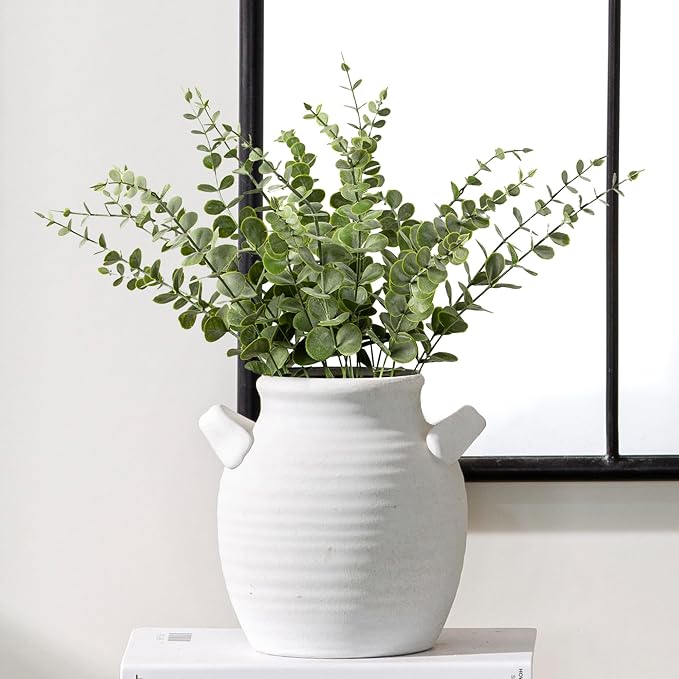 Vanselia Ceramic Flower Vase Home Decor - Farmhouse Table Vases with Handle Living Room Decoration Vintage Decorative Aesthetic for Shelf Coffee Dining Desk House Bookshelf Fireplace (7.1" Rustic)