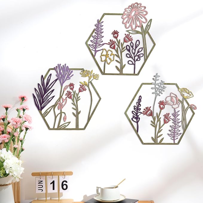 Peryiter 3 Pcs Metal Flower Wall Decor Minimalist Floral Wall Hanging Decor Floral Metal Rustic Flower Art for Summer Living Room Bathroom Kitchen Indoor Outdoor(Colorful)