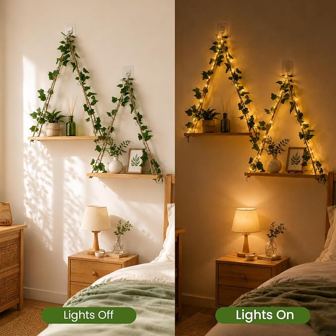 RICHER HOUSE Hanging Floating Shelves No Drill, Macrame Plant Wall Shelf | 2 Set Boho Trinket Shelf with Artificial Ivy and LED Lights, Wall Art Aesthetic Decor, for Bedroom, Dorm, Two-Way Install
