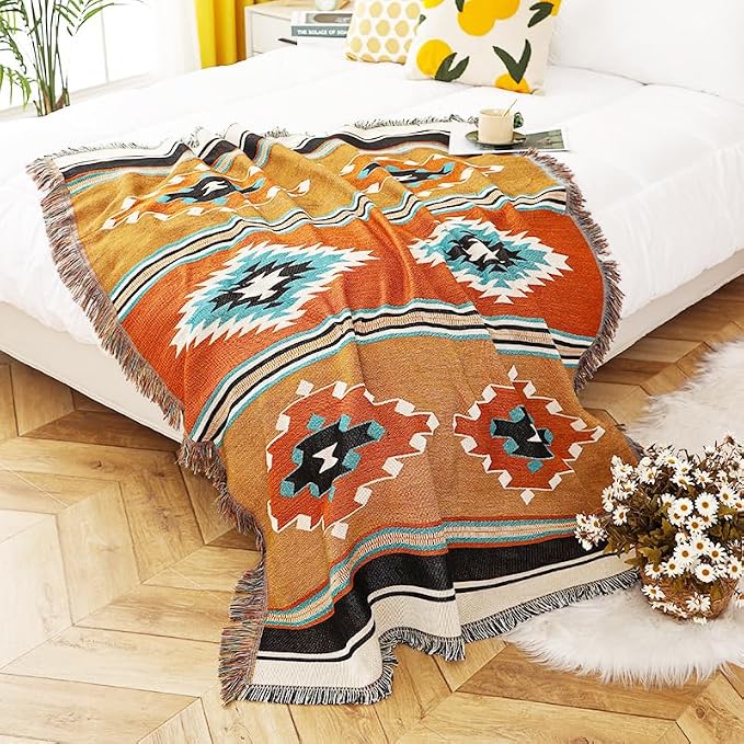 Homesy Aztec Throw Blanket Native Southwestern Bed Blankets 51"x63" Brown | Southwest Decor,Boho Style,Sofa Chair Cover,Outdoor Beach Car Tent Travel Camping Use,Tapestry,Reversible and Tassels