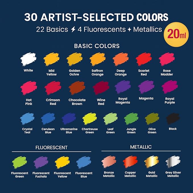 Airbrush Paint, 30 Water-Based, Quick-Drying Colors for Artists & Beginners, Ideal for Wood, Ceramic, Paper, Plaster, Canvas, Plastic (20 ml/bottle)