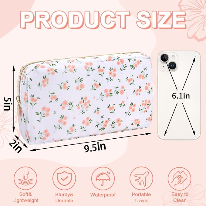 Waterproof Small Floral Makeup Bag Pouch for Purse,Nylon Flower Cosmetic Bag Preppy Travel Toiletry Storage Bag for Women Girl,Cute Makeup Organizer Bag Skincare Bag with Zipper(Small White-Flowers)