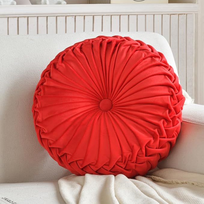 Teieas 2 Pcs Round Throw Pillows Decorative Velvet Pleated Pillow Red | Boho bed pillows,valentine's day decorations back support for couch,chair,dorm,car,sofa,home decor 14.96''