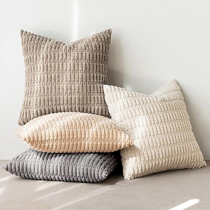 MIULEE Pack of 4 Corduroy Throw Pillow Covers 18x18 Inch Beige and Brown | Neutral Rustic Farmhouse Boho Soft Striped Pillow Covers,Home Decor for Sofa,Living Room,Couch,Bed