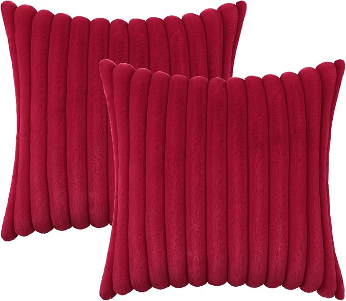 decorUhome Fall Faux Fur Throw Pillow Covers 26x26 Set of 2 Red | Decorative Soft Cozy Striped Plush Modern Farmhouse Boho Couch Pillow Cases Velvet Back for Sofa Bed Living Room Home Decor