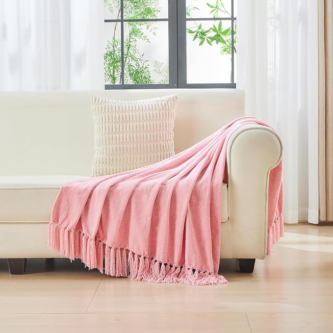 CozeCube Chenille Throw Blanket, Pink Fringe Blanket, 60"X80" | For Couch, Cozy Plush Fuzzy Decorative Blanket with Fringe Tassels, Lightweight Throws for Bed Sofa Gift Home Decor