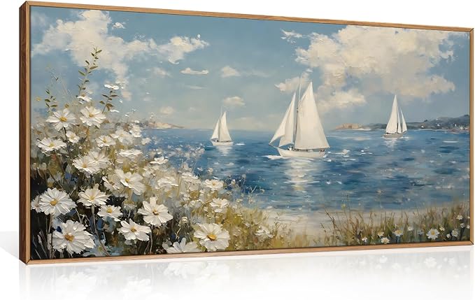FWIEXA Coastal Wildflower Canvas Wall Art Framed, Ocean Sailboats Pictures Wall Decor, Beach Flower Seascape Painting, Blue Sky 20x40In Artwork for Living Room, Bedroom, Bathroom, Rustic Farmhouse