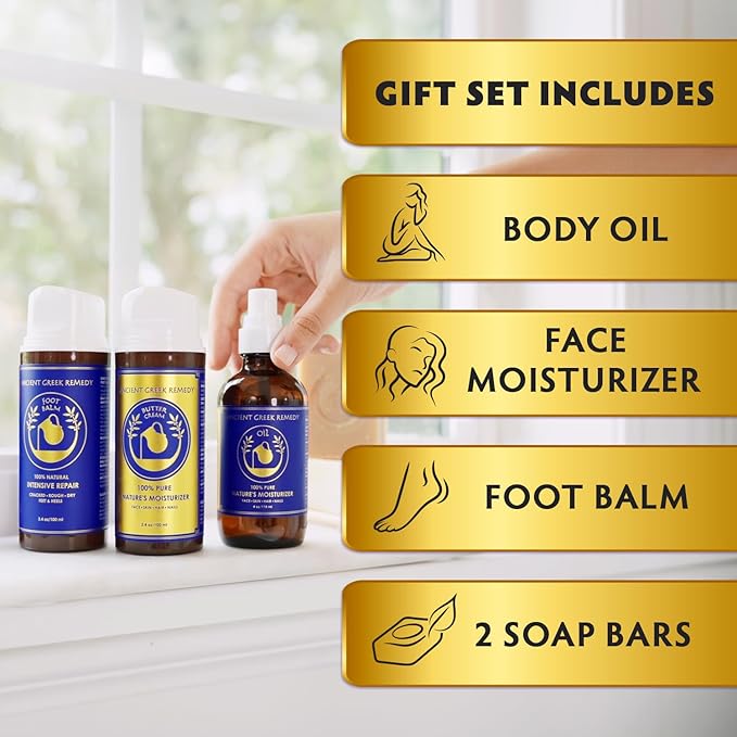 Ancient Greek Remedy Organic Spa Gift Set - Body Oil, Face Moisturizer, Foot Balm & 2 Soap Bars - Lavender Scented Skin Care Gift Basket for Women - Perfect for Christmas, Birthdays & Self Care