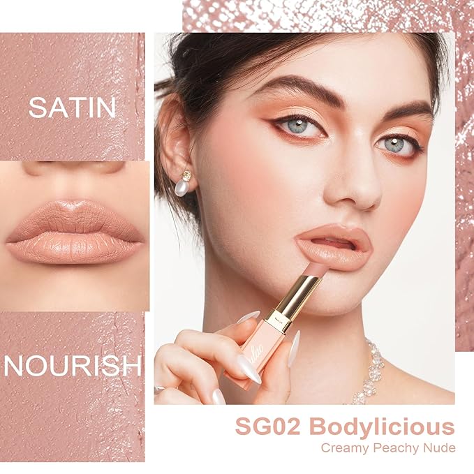 Oulac Nude Lipsticks for Women, Peach Matte Lip Stick, Full Coverage Lip Color, Satin Matte Finish, Cream Texture, Hydrating, Infused with Hyaluronic Acid, Vegan & Clean Beauty 4g SG02 Bodylicious