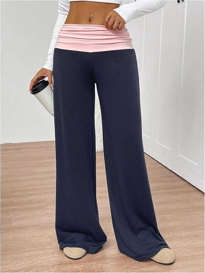 SOLY HUX Women's Sweatpants Color Block Low Rise Fold Over Waist Baggy Wide Leg Pants