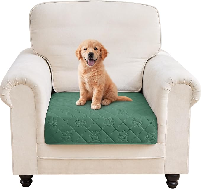 PAWFINITY Waterproof Arm Chair Covers for Dogs, Pet Blanket for Couch | Paw Print Quilted, Hair Resistant, Anti Cat Scratch, Washable Furniture Protector for Single Sofa Cushion, 30x30 Inch, Green