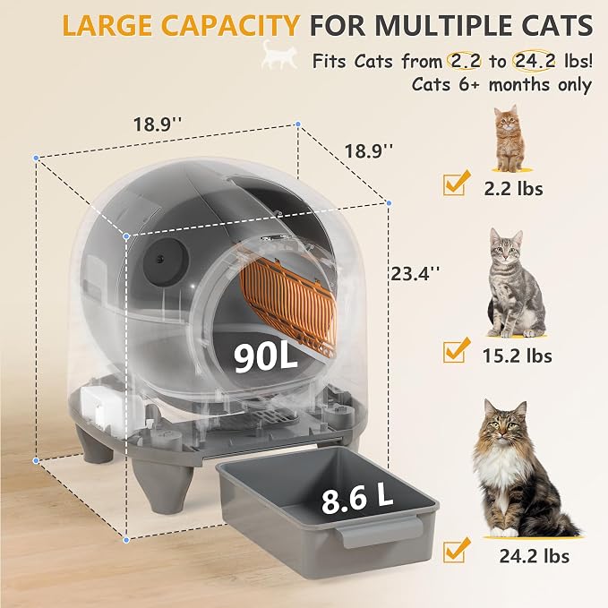 WARCAT Self-Cleaning Litter Box – 90L, APP, Sensors, Gray | 90L large capacity for multiple cats. APP-controlled with smart sensors. Safety protection. Includes mat & 1 garbage bag.