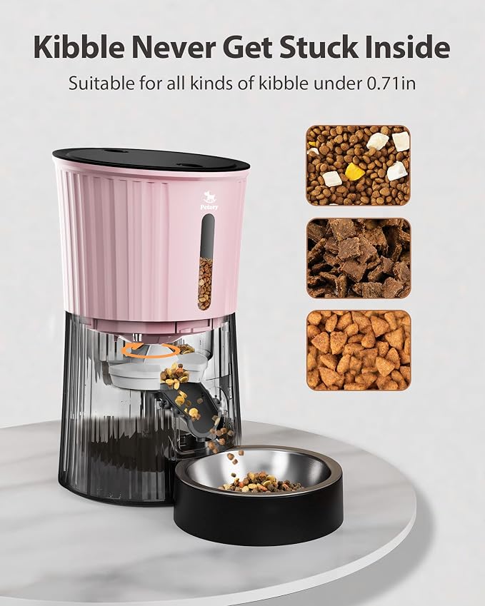 Timed Automatic Cat Feeder - 4L Dry Food Dispenser for Cats and Dogs | Programmable Portion Control, 6 Meals Daily, Dual Power Supply, 10-Second Voice Recorder, with Desiccant Bag, Pink