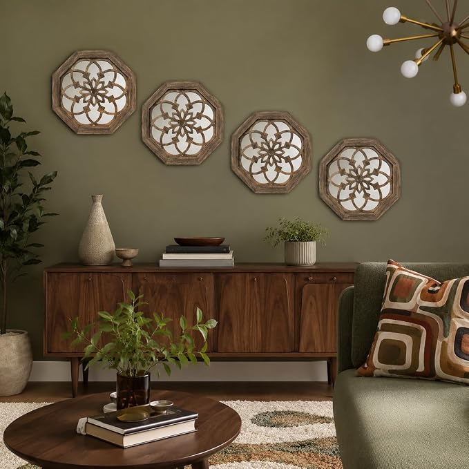 4 Pack 12 Inch Octagon Maroon Rustic Wood Frame Acrylic Wall Mirrors, Farmhouse Boho Wall Art Decor for Living Room, Bedroom, Hallway, Entryway, Bathroom & Office