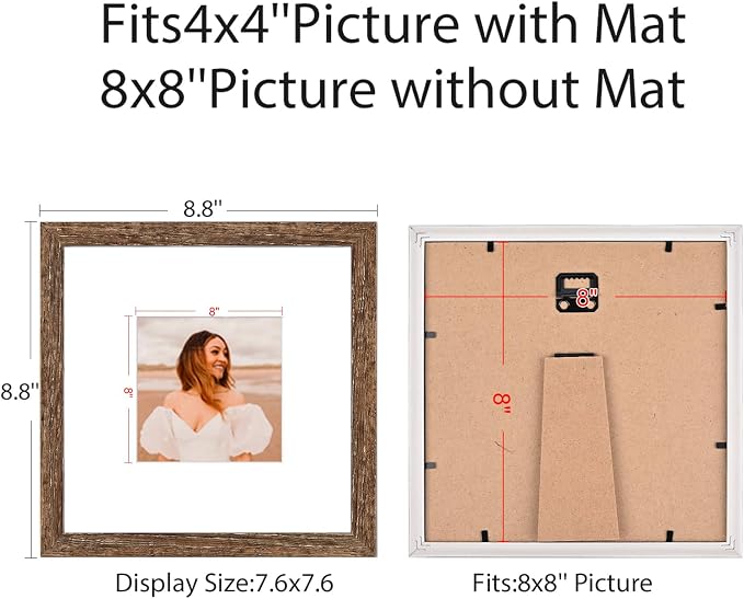 8x8 Picture Frame Set of 9, Display Pictures 4x4 with Mat or 8x8 without Mat, Multi Collage Gallery Square Photo Frames for Wall or Tabletop,Distressed Brown